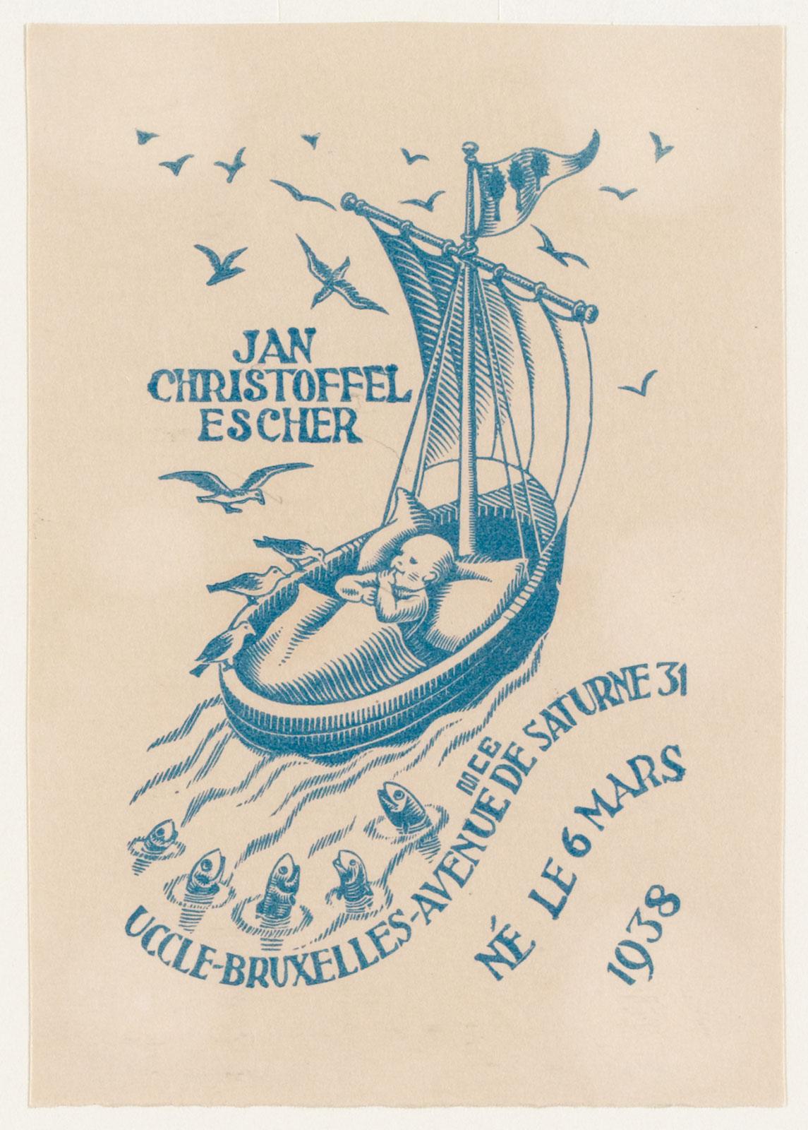 M.C. Escher, Baby-prentje (geboorte-aankondiging Jan Escher), houtsnede gedrukt in blauw, maart 1938