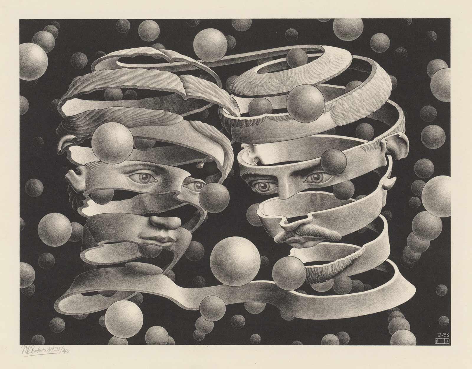 <p>M.C. Escher, Bond of Union, lithograph, April 1956</p>