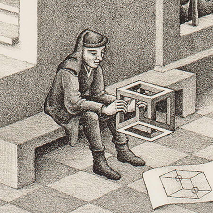<p>M.C. Escher, Belvédère, litho, mei 1958, detail, gespiegeld</p>