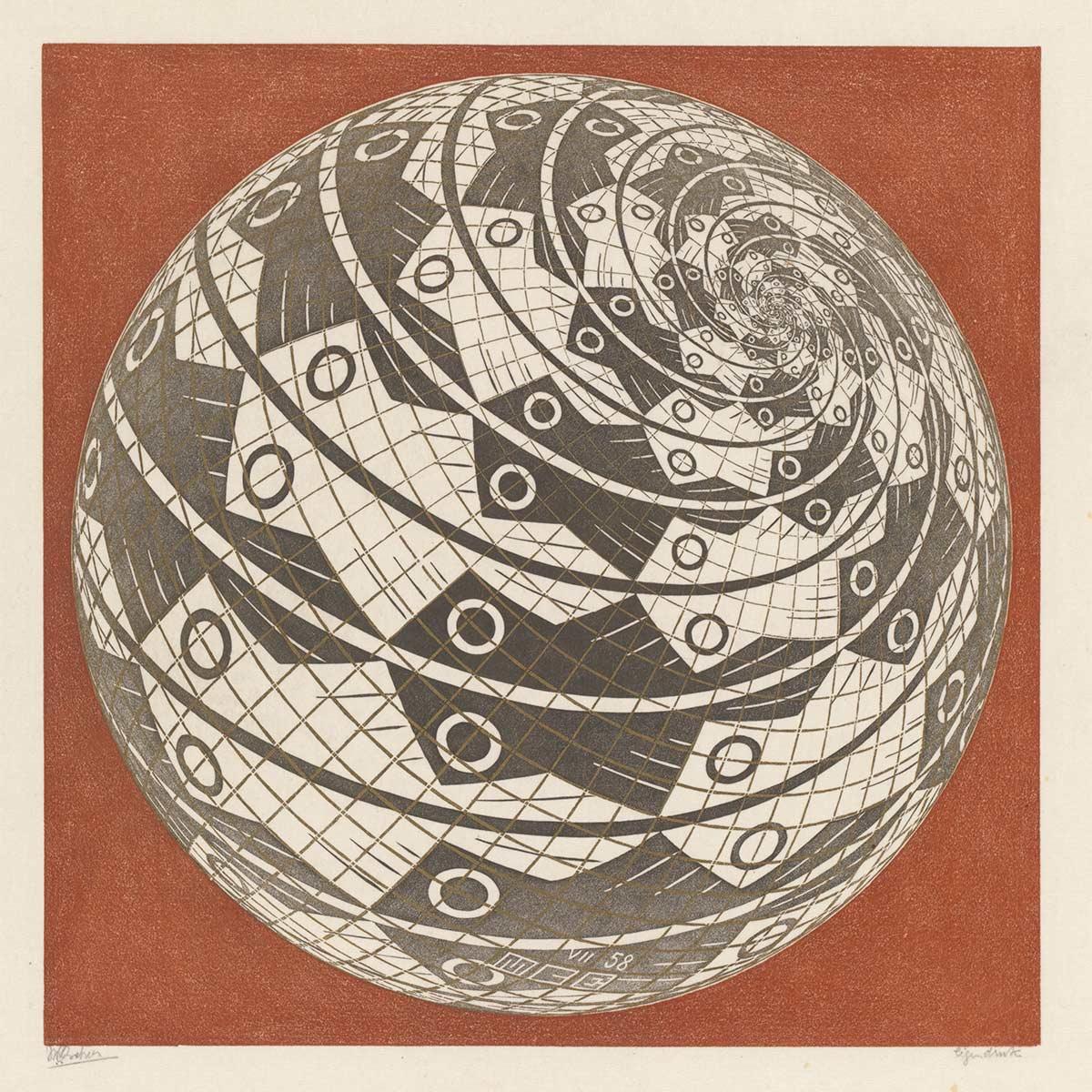 M.C. Escher, Boloppervlak met vissen, houtsnede in grijs, goud en roodbruin, gedrukt van drie blokken, juli 1958