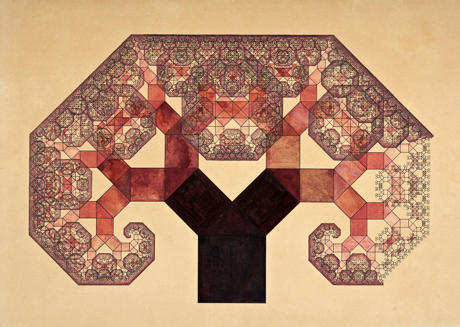 <p>A.E. Bosman, <em>Pythagoras Tree</em>, Indian ink, watercolour and coloured pencil, 1942. Collection Bosman Family</p>