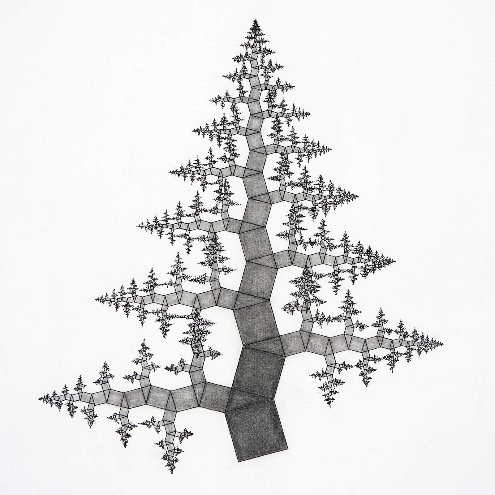 A.E. Bosman, The Self-rectifying Pythagoras Tree, Indian ink and pencil, year unknown. Collection Bosman Family