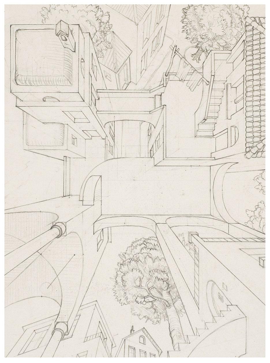 <p>M.C. Escher, study for Up and Down, pencil on paper, 1947. Source: Christie’s auction #24220 (8–22 July 2025)</p>