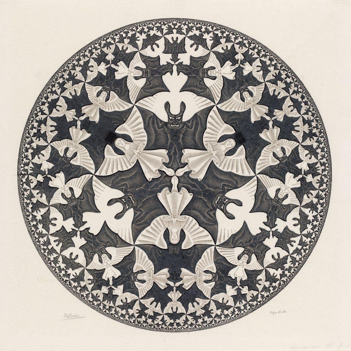 M.C. Escher, Circle limit IV (Heaven and Hell), woodcut in ochre and black, printed from two blocks, July 1960