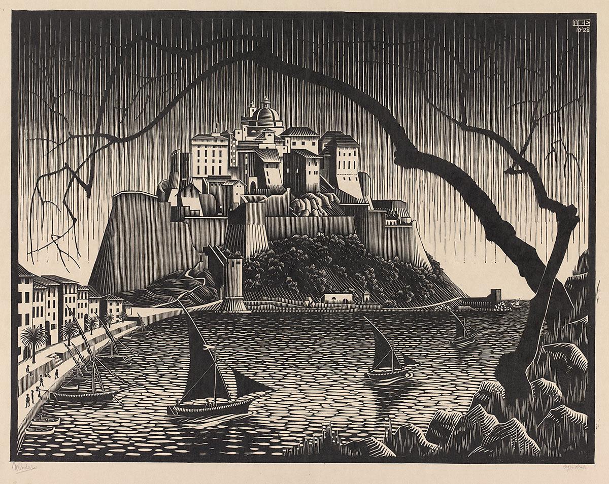 M.C. Escher, Citadel van Calvi, Corsica, houtsnede, oktober 1928