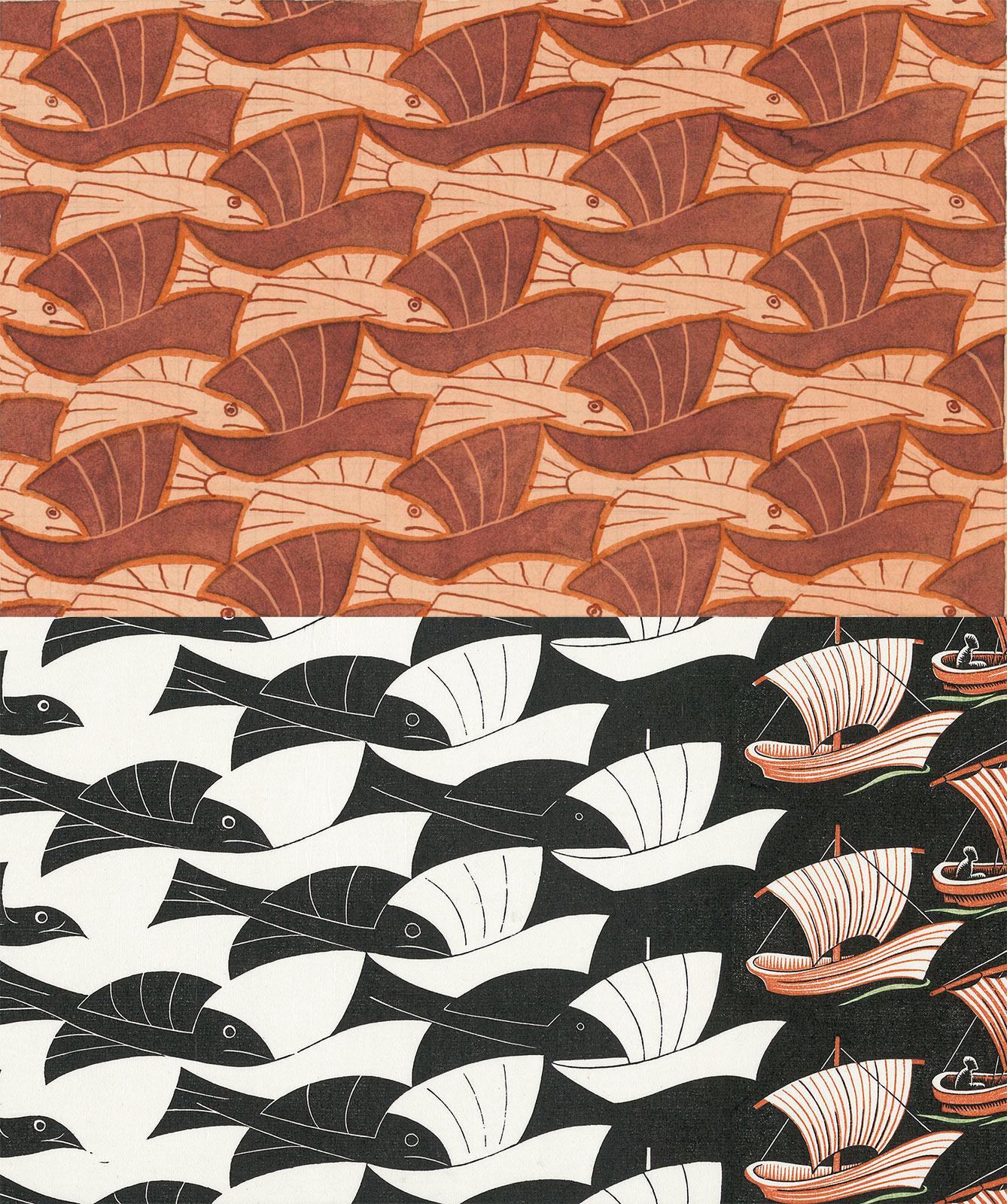 Composite image of a part of drawing 112 (mirrored) and a part of Metamorphosis III with flying fish and boats.