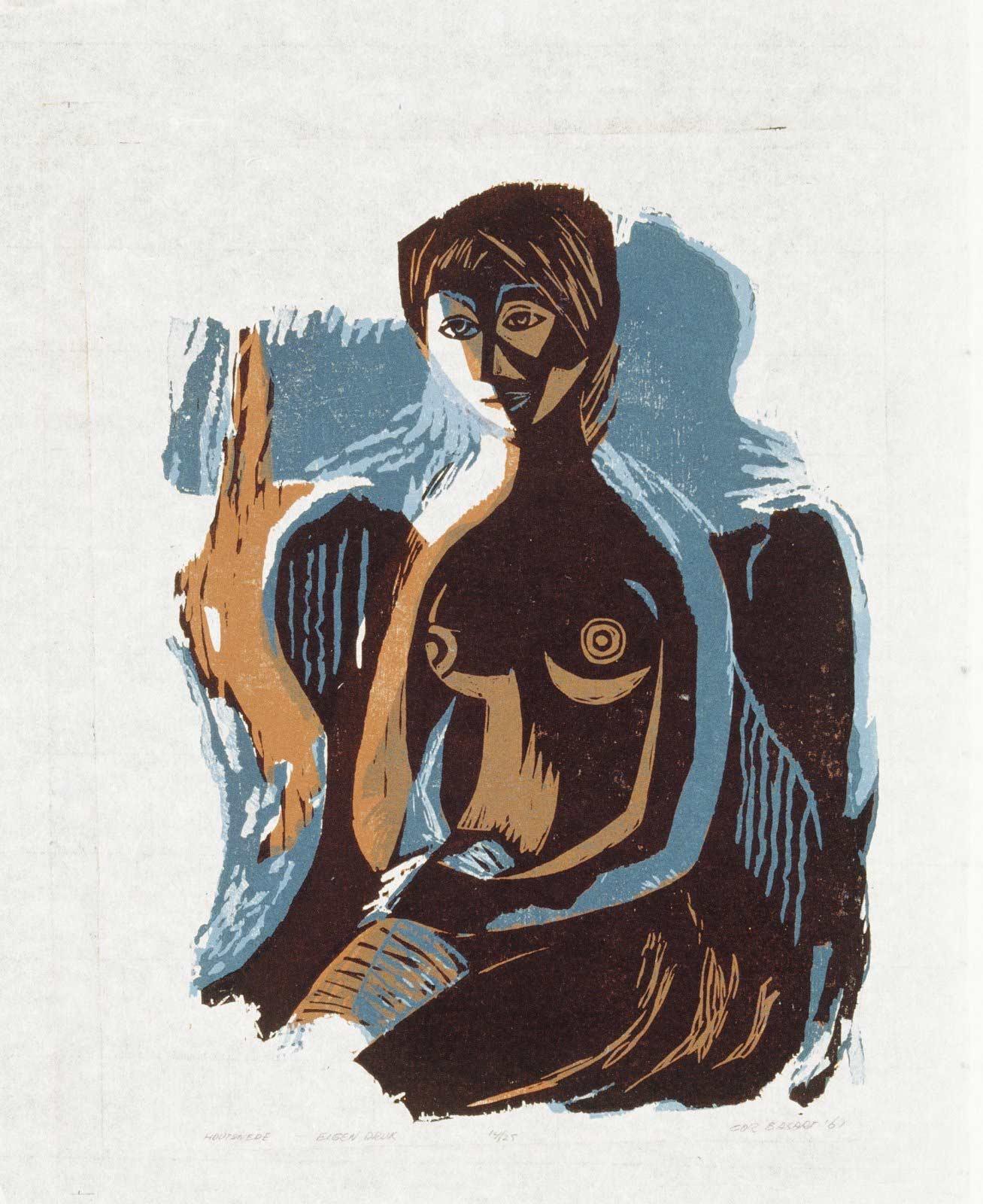 Cor Basart (1915-1991), Zittende vrouw, kleurenhoutsnede, 1961