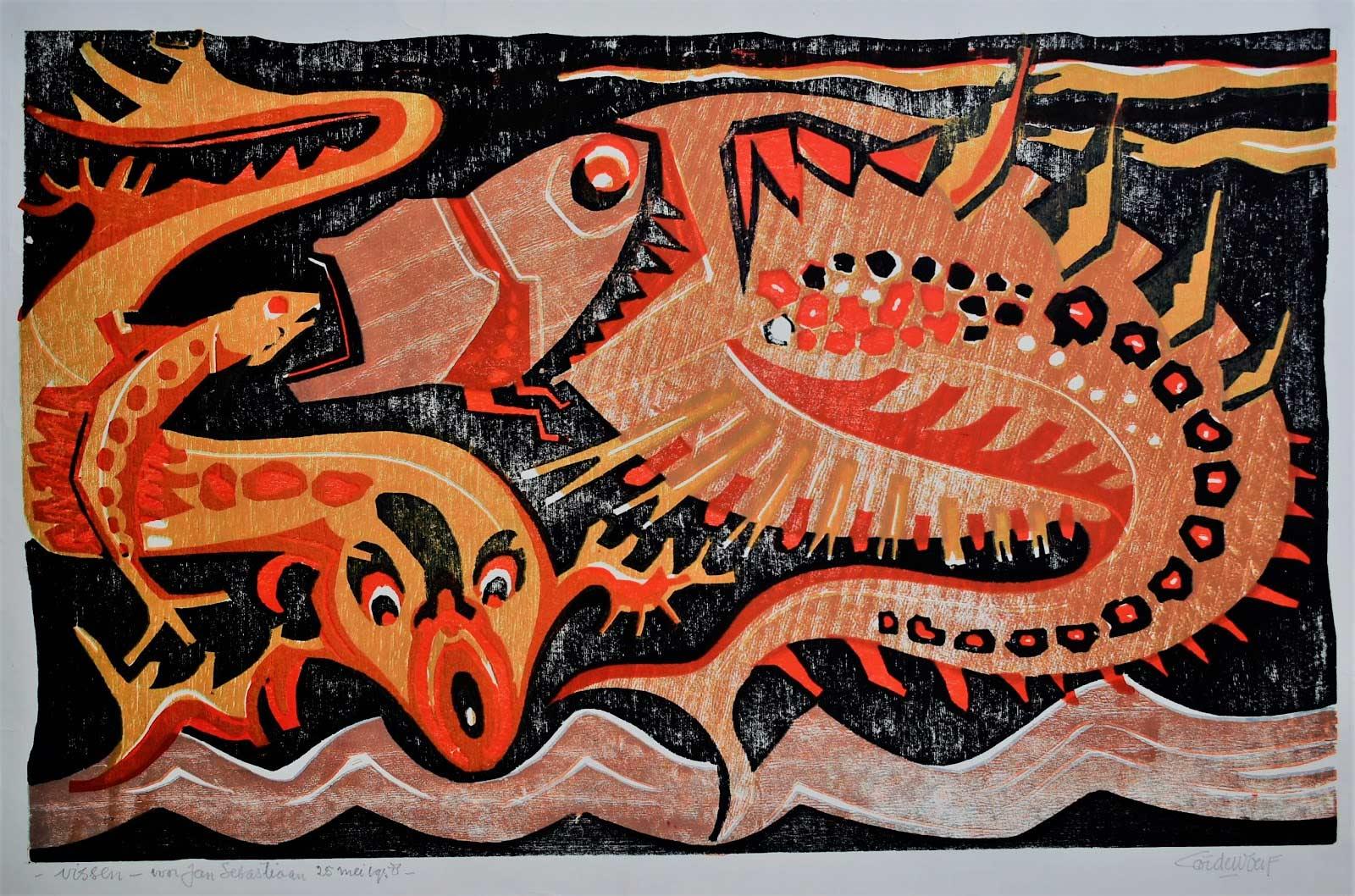 Cor de Wolff (1889-1963), Vissen, kleurenhoutsnede, 1958