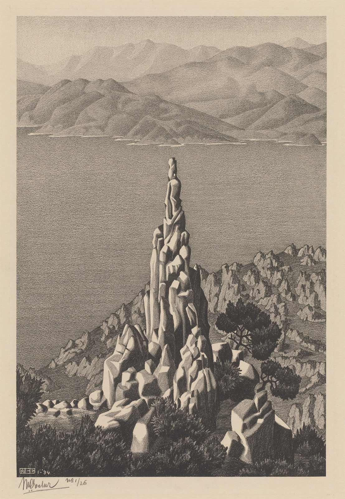M.C. Escher, Corsica, Calanche (Calanche of Piana, Corsica) lithograph, January 1934