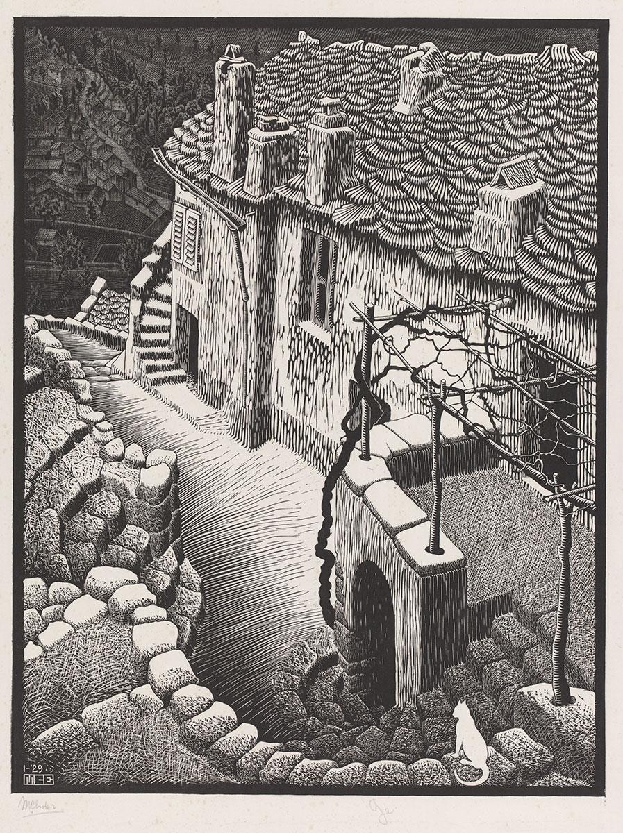 M.C. Escher, Corte, Corsica, houtsnede in grijs en zwart, gedrukt van twee blokken, januari 1929