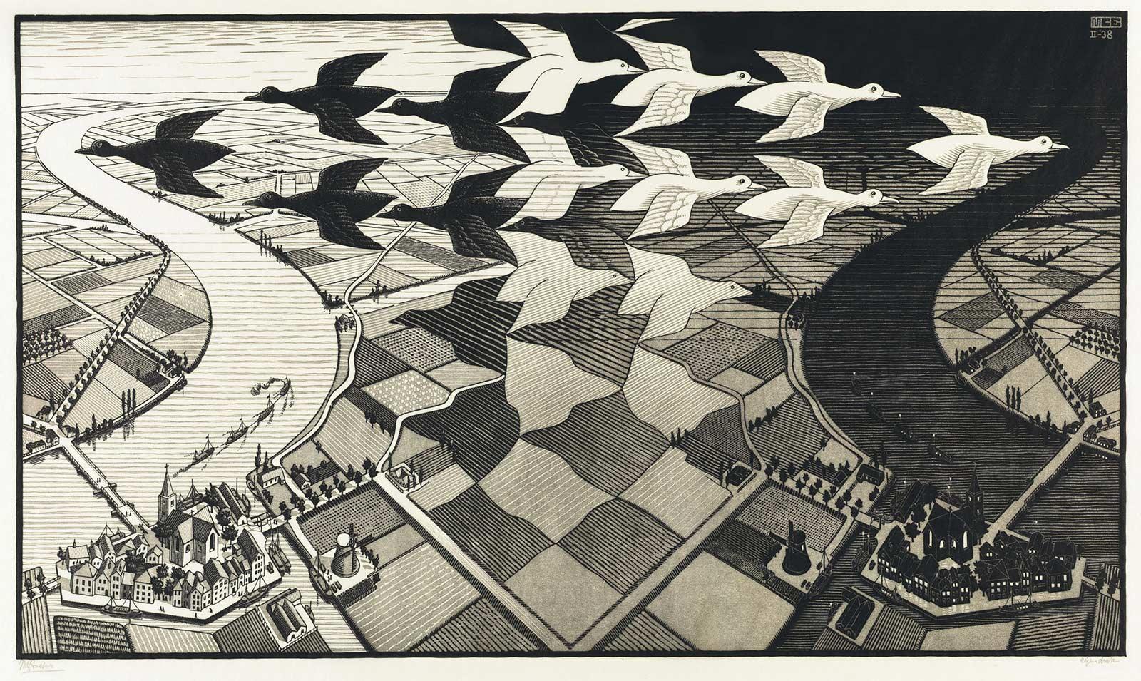<p>M.C. Escher, Day and Night, woodcut in black and grey, printed from two blocks, February 1938</p>