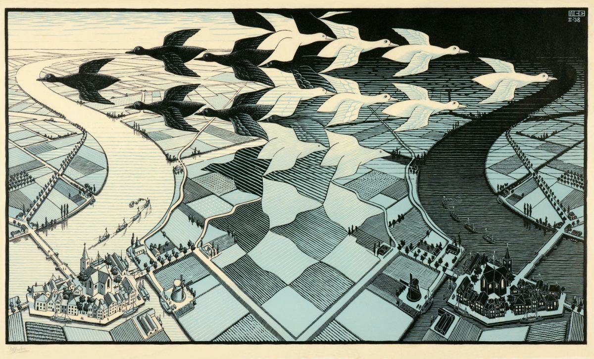 M.C. Escher, Day and Night, woodcut in black and pale blue, printed from two blocks, February 1938