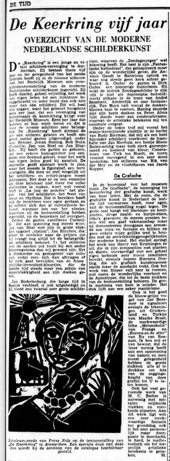Artikel in De Tijd van 1 april 1955 waarin het werk 'te doordacht, te hard, te mathematisch' wordt genoemd 'om tot wezenlijke artistieke betekenis te geraken.'