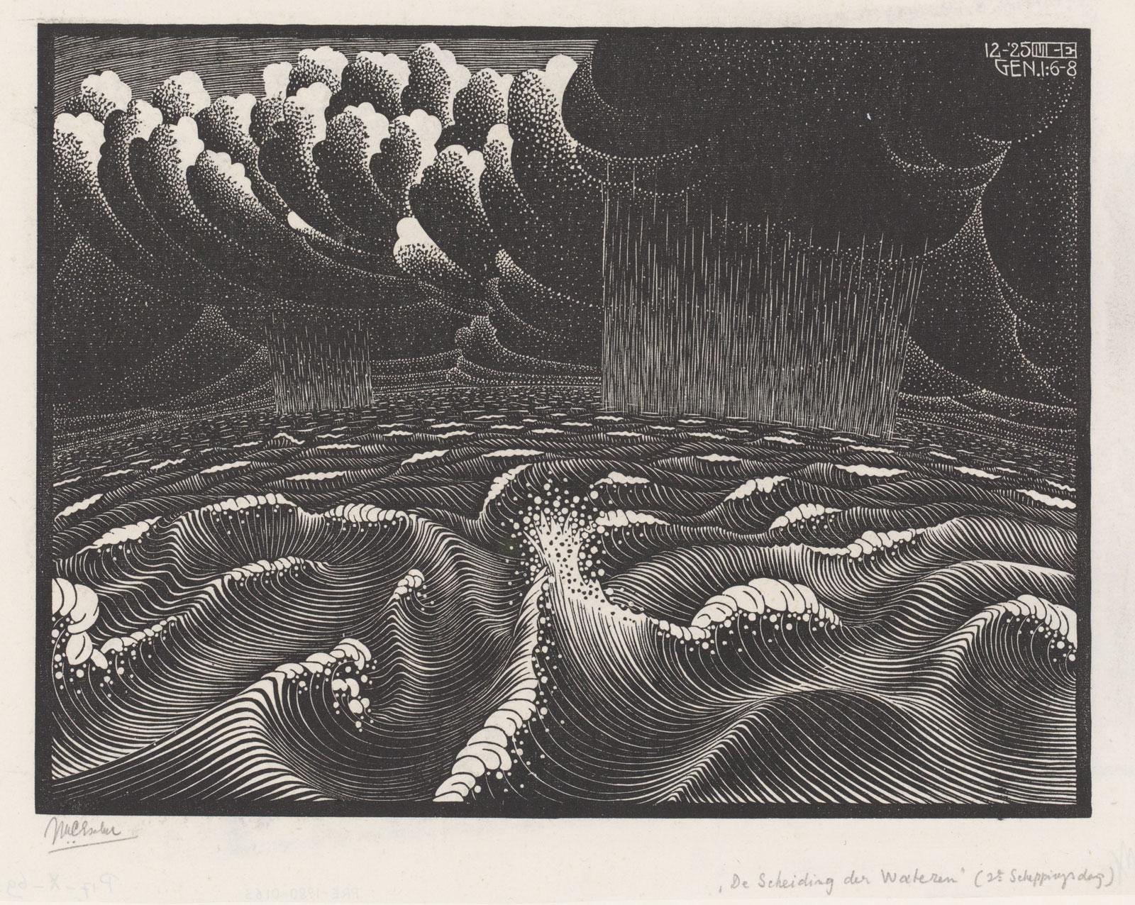M.C. Escher, The Second Day of Creation (The Division of the Waters), woodcut, 1925
