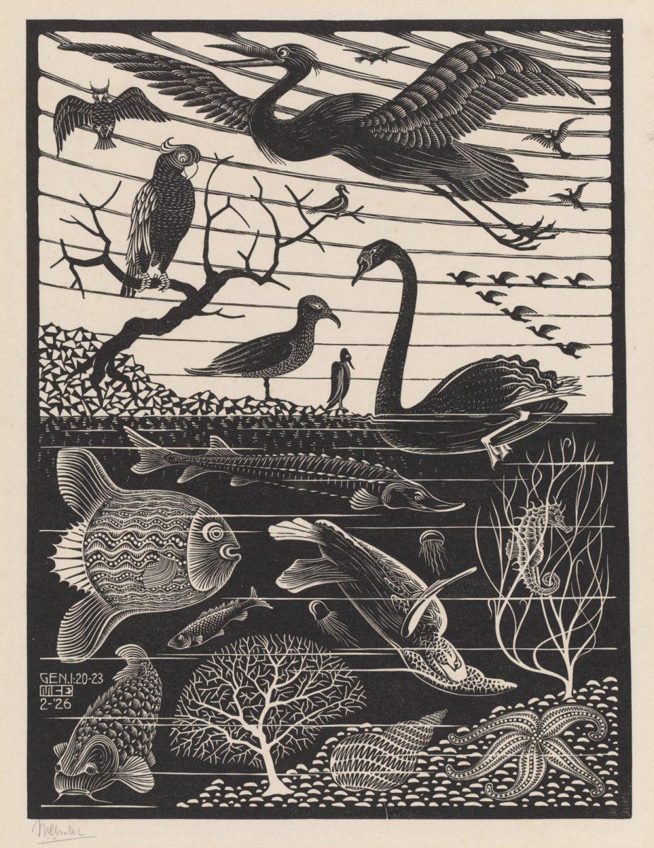 M.C. Escher, De vijfde scheppingsdag, houtsnede, februari 1926