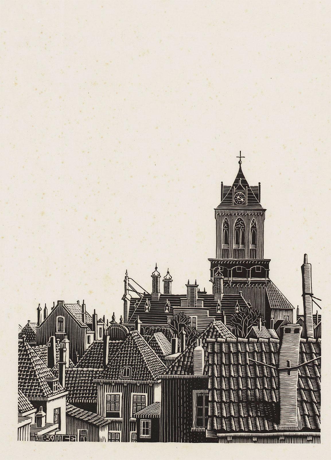 <p>M.C. Escher, Delft: Daken, houtsnede, augustus 1939</p>