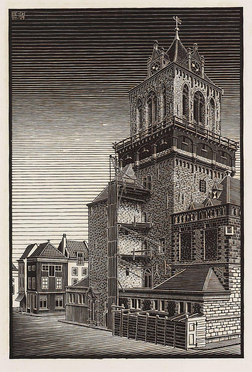M.C. Escher, Delft: Stadhuis, houtsnede, juli 1939