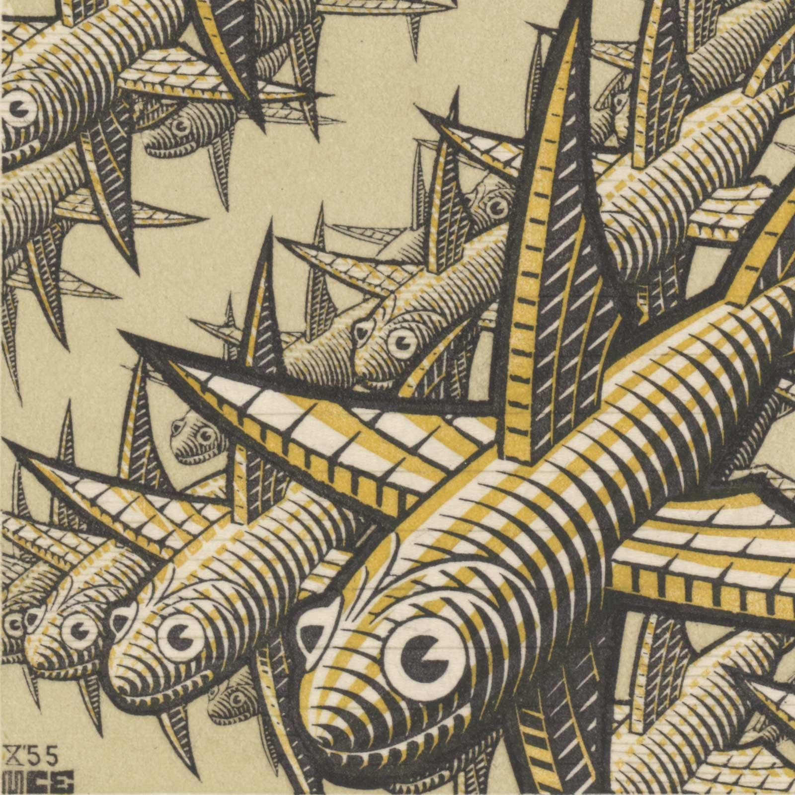 M.C. Escher, Depth, wood engraving and woodcut in brown-grey, grey-green and dark brown, printed from three blocks, October 1955 (detail)