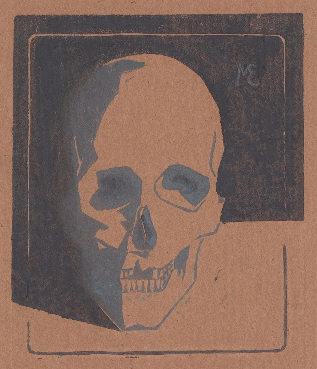 M.C. Escher, Doodskop, linoleumsnede in twee tinten grijs, met de hand bijgewerkt, januari 1917