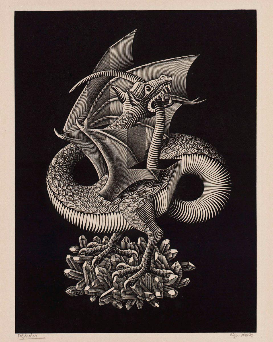 M.C. Escher, Draak, houtgravure, maart 1952