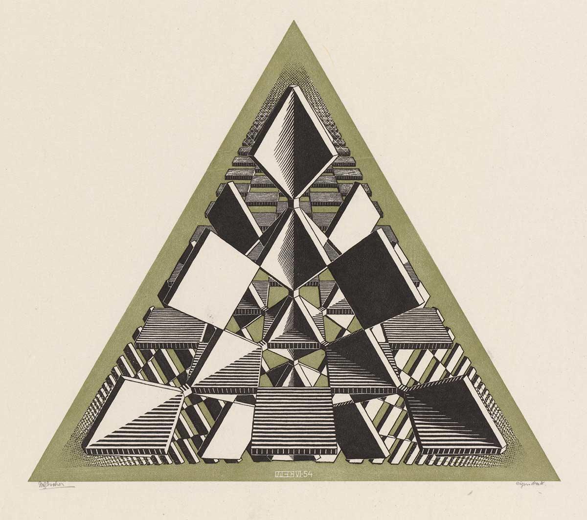 M.C. Escher, Drie snijdende vlakken, houtsnede in groen en zwart, gedrukt van twee blokken, juni 1954
