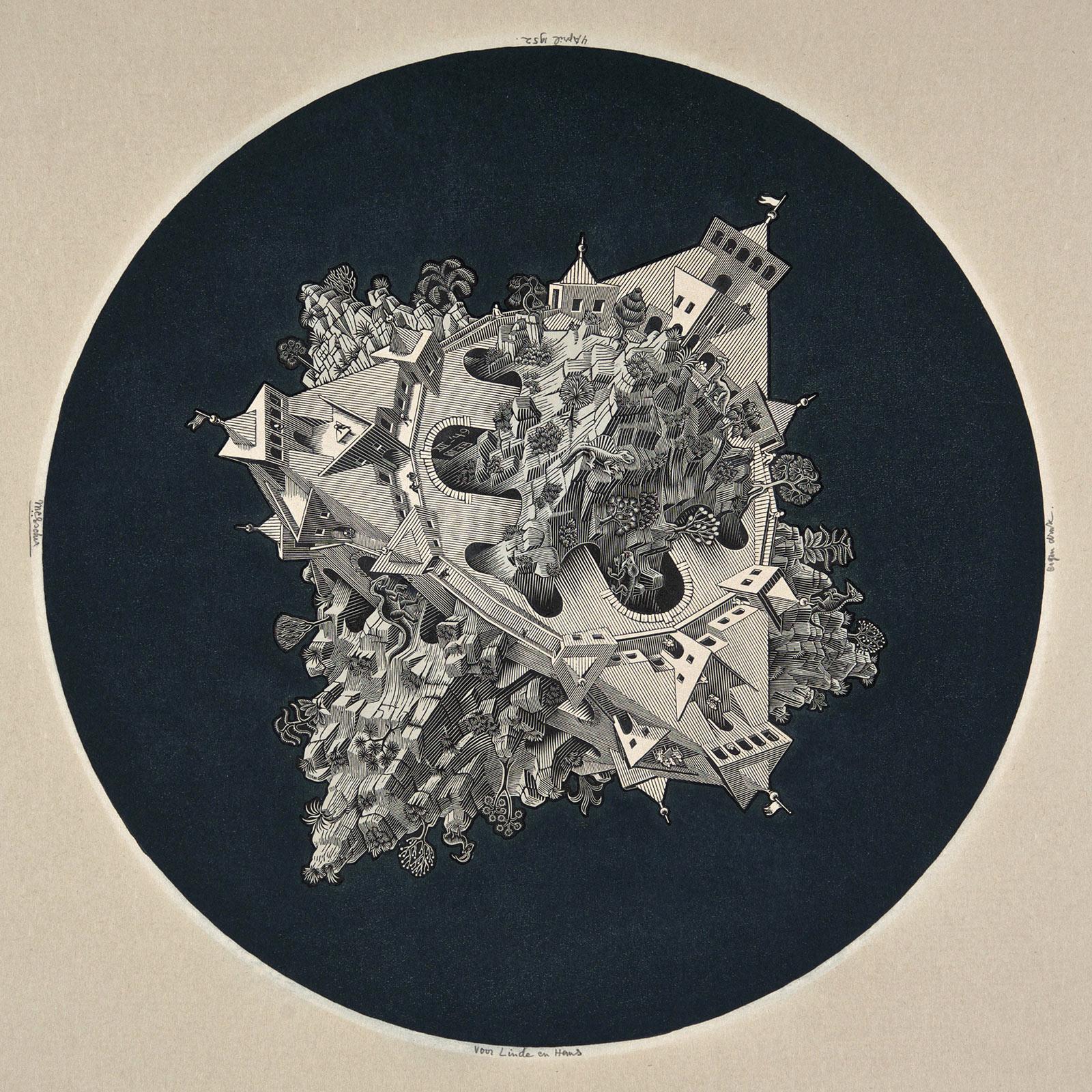 <p>M.C. Escher, <em>Double Planetoid</em>, wood engraving, 1949. Collection Bosman Family</p>