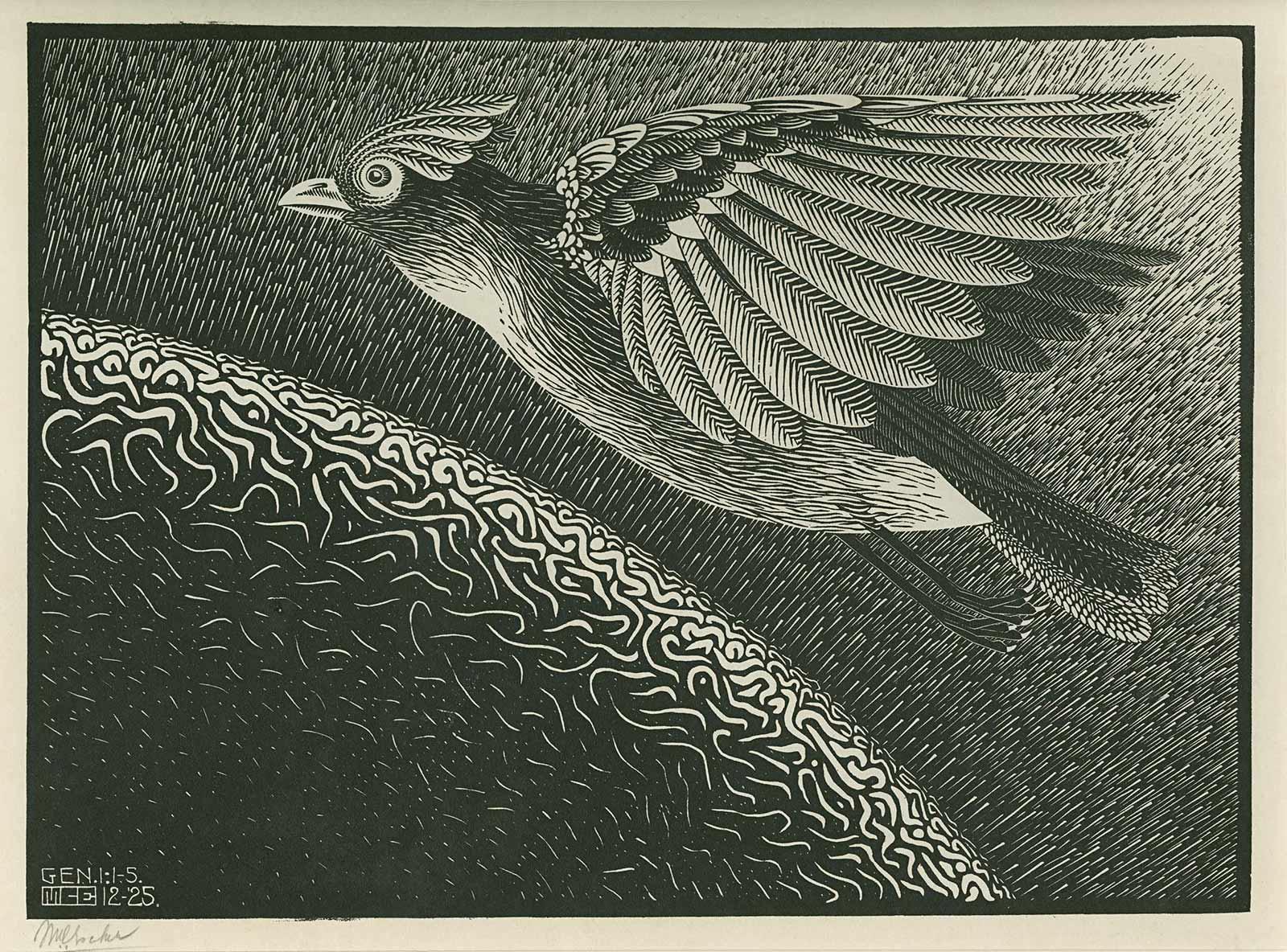 M.C. Escher, De eerste scheppingsdag, houtsnede, december 1925