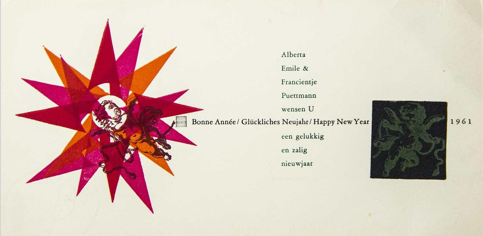 Emile Puettmann (1921-1987), Nieuwjaarskaart, kleurenlitho, 1960