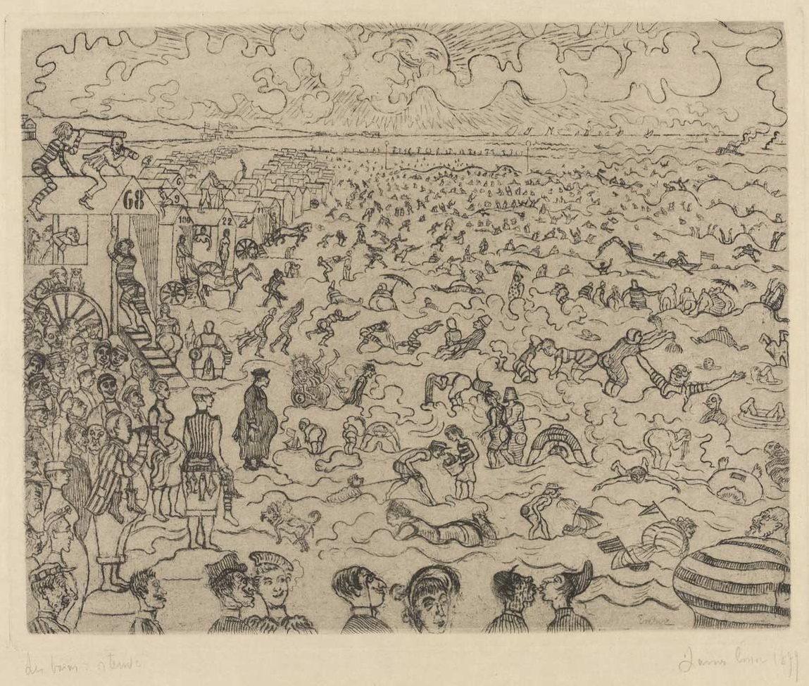 James Ensor, Les Bains à Ostende, ets, 1899. Collectie: MOMA. Destijds te zien bij De Bois.
