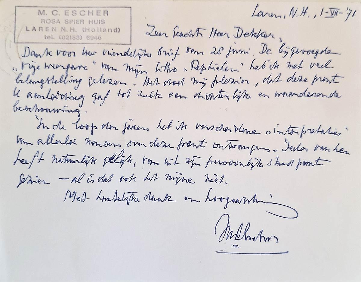 Postcard from M.C. Escher to Mr H. Dekker, 1 July 1971. On loan from the granddaughter of Hendrik Dekker