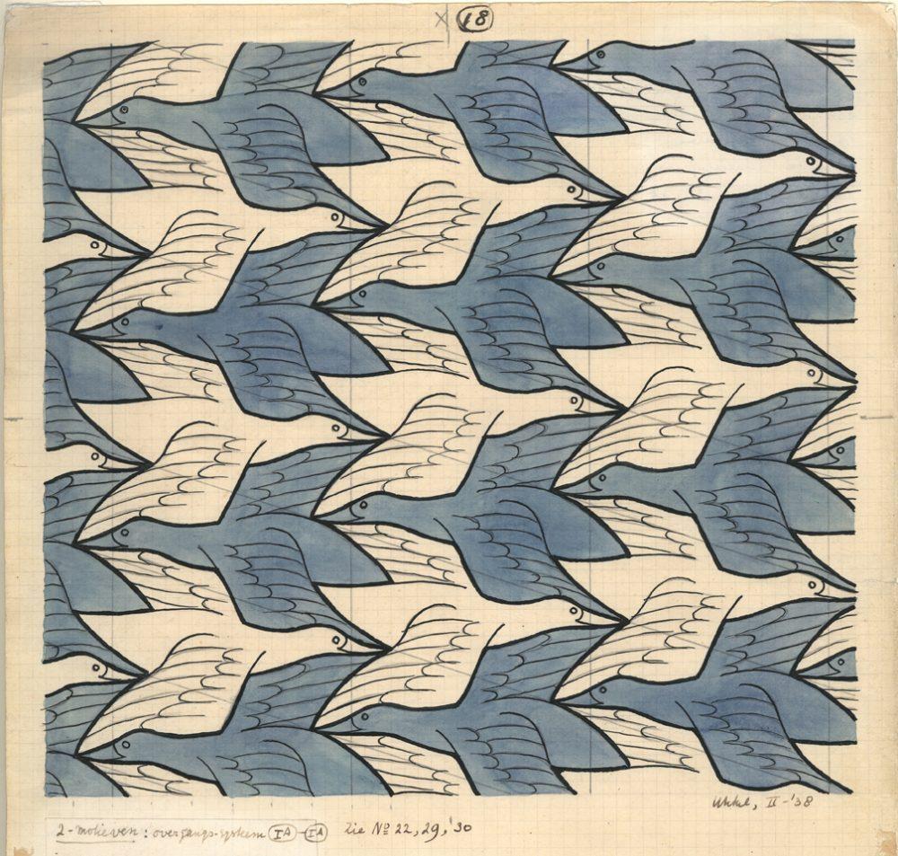 M.C. Escher, Regular Division of the Plane (Birds) no. 18, India ink, pencil and watercolour, February 1938
