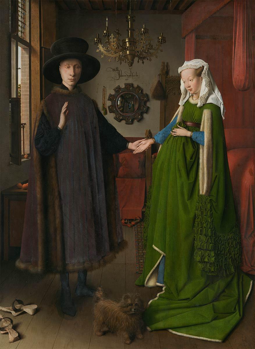 Jan van Eyck, Portrait of Giovanni Arnolfini and his Wife, oil on oak panel, 1434. Collection: National Gallery, London