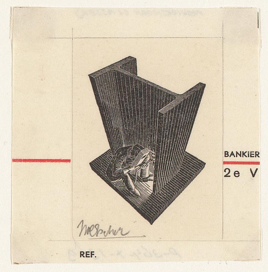 M.C. Escher, Fabrieksmerk (lasser), houtsnede, september 1935. Cliché van 4.7 x 3.3 cm
