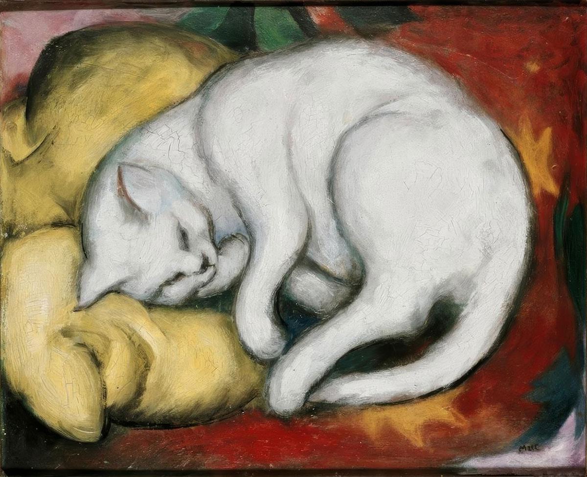 Franz Marc, Die weiße Katze, olieverf op karton, 1912. Collectie Kunstmuseum Moritzburg Halle (Saale)