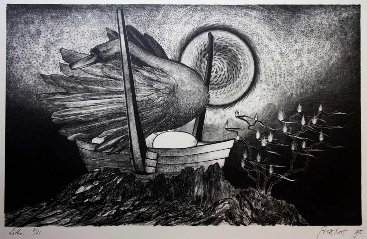 Fred Koot (1927 - 2000), Eend op eieren, litho, 1955