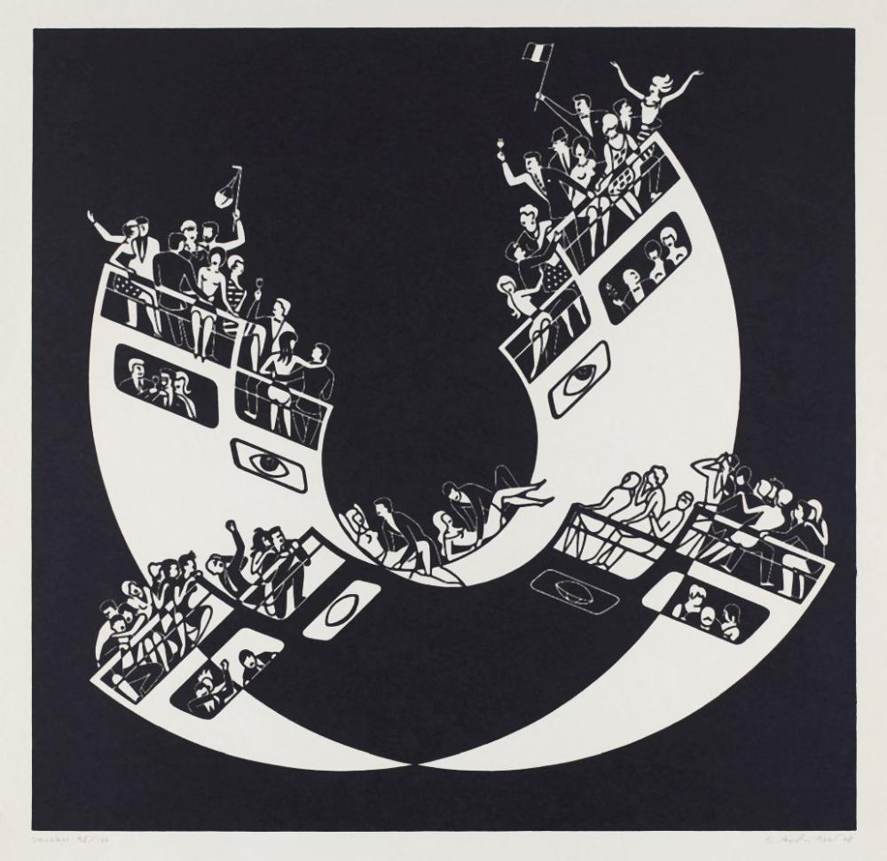 Gerd Arntz, De Schommel, 1966. Linoleumsnede