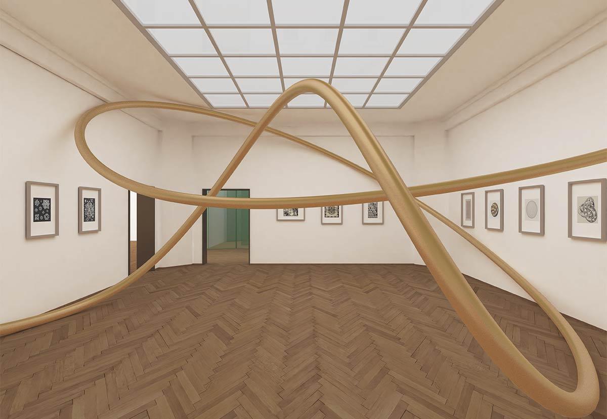 Impression der Installation und der Drucke im Raum »Unendlichkeit« in der Ausstellung »Escher – Andere Welt« von Gijs Van Vaerenbergh