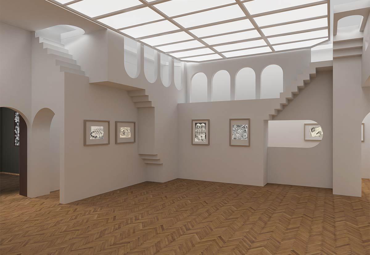Impression der Installation und der Drucke im Raum »Unmögliche Architektur« in der Ausstellung »Escher – Andere Welt« von Gijs Van Vaerenbergh