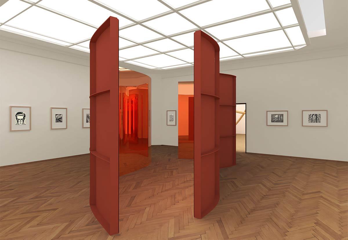 Impression der Installation und der Drucke im Raum »Spiegelungen« in der Ausstellung »Escher – Andere Welt« von Gijs Van Vaerenbergh