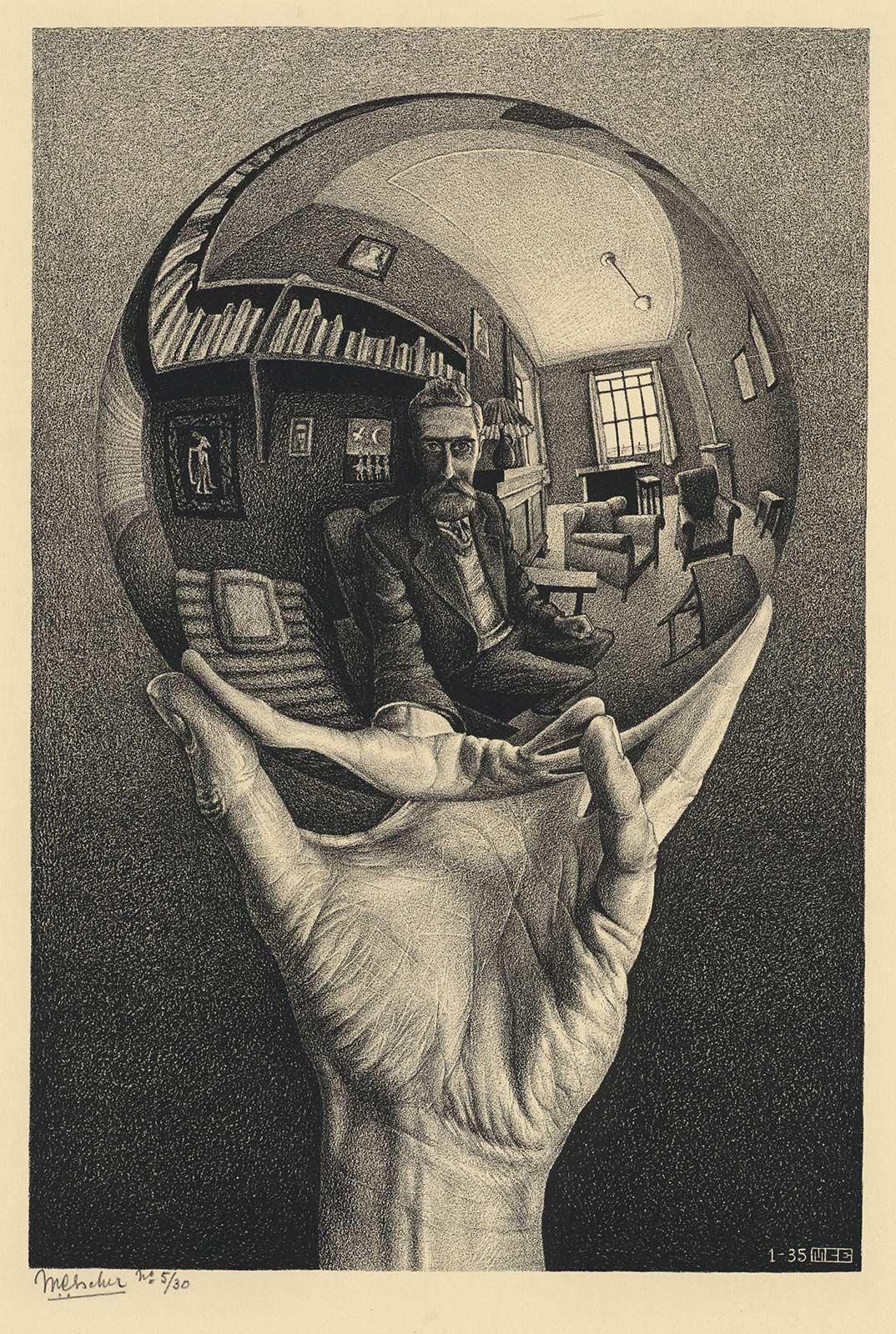 <p>M.C. Escher, Hand met spiegelende bol (Zelfportret in bolspiegel), litho, januari 1935</p>