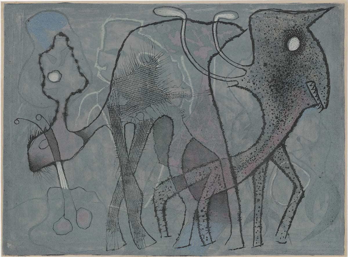 Harry van Kruiningen, Dieren in de nevel, kleurenlitho-ets op karton, 1956. Particuliere collectie © foto MicroFormat