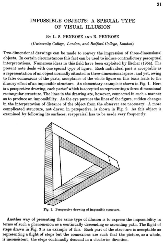 'Impossible objects: a special type of visual illusion' door L.S. Penrose en R. Penrose.