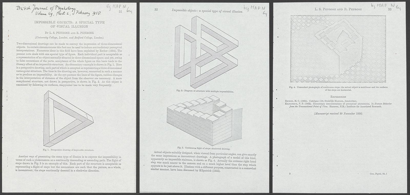 <p>'Impossible objects: a special type of visual illusion' by L.S. Penrose en R. Penrose, a copy of the article that was in Escher’s possession</p>