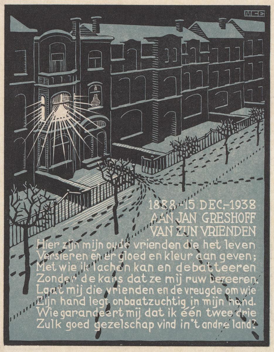 M.C. Escher, Jubileumprentje voor J. Greshof, houtsnede in zwart en grijsgroen, gedrukt van twee blokken, november 1938