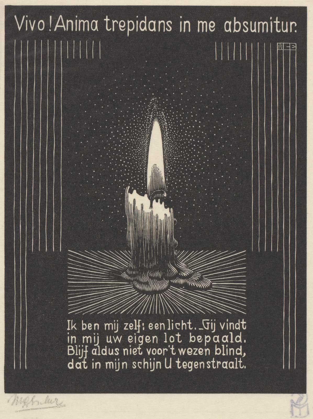 M.C. Escher, Kaarsvlam, XI uit de Emblemata serie, houtsnede, tussen maart en juni 1931