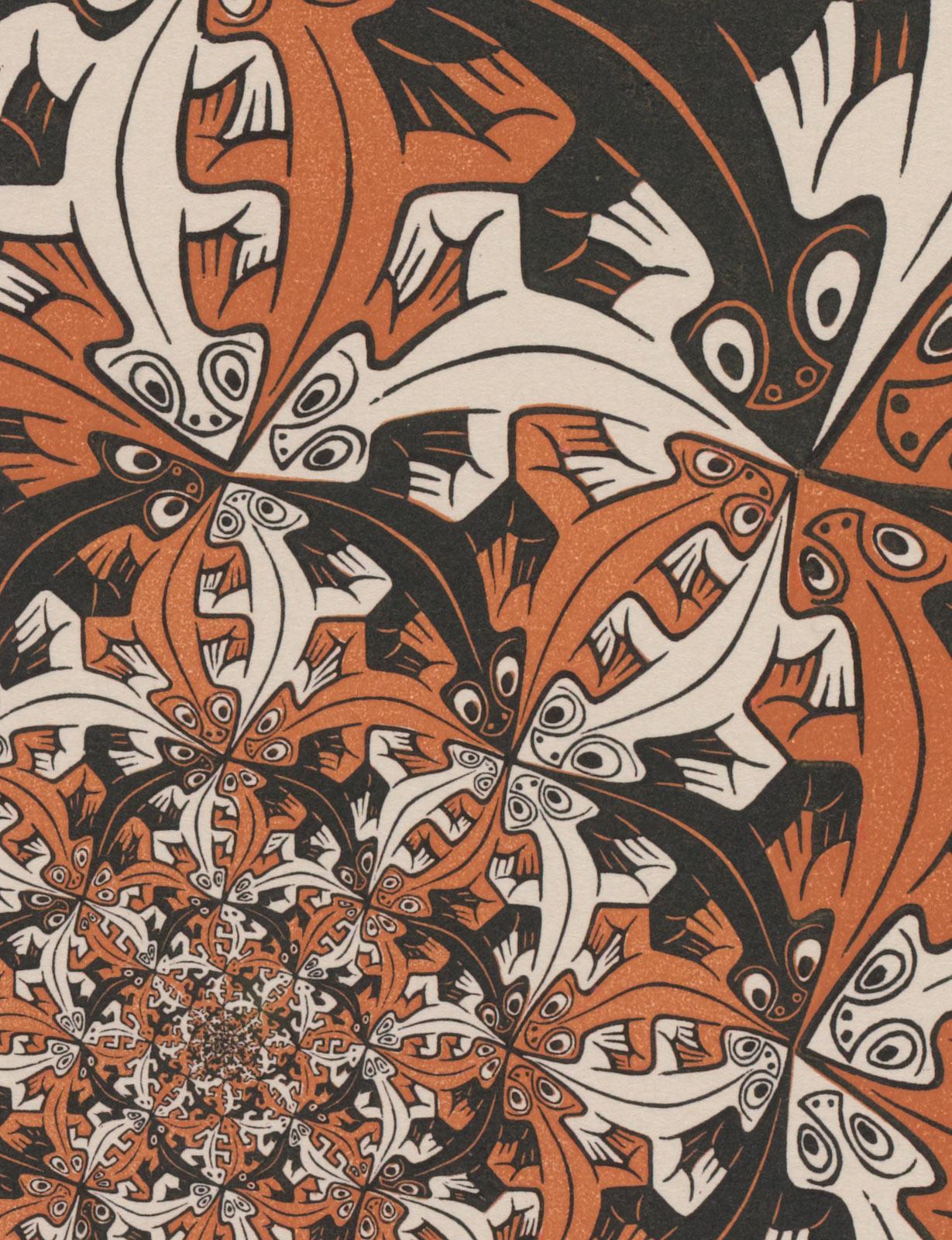 <p>M.C. Escher, <em>Smaller and Smaller</em> (detail), wood engraving and woodcut in black and red, printed from four blocks, October 1956</p>