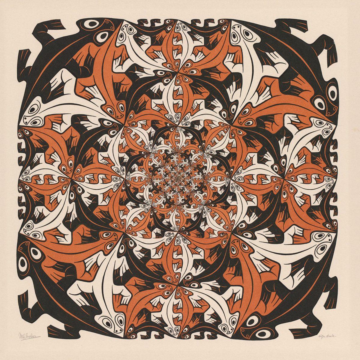 M.C. Escher, Smaller and smaller, wood engraving in and woodcut in black and red, printed from four blocks, October 1956