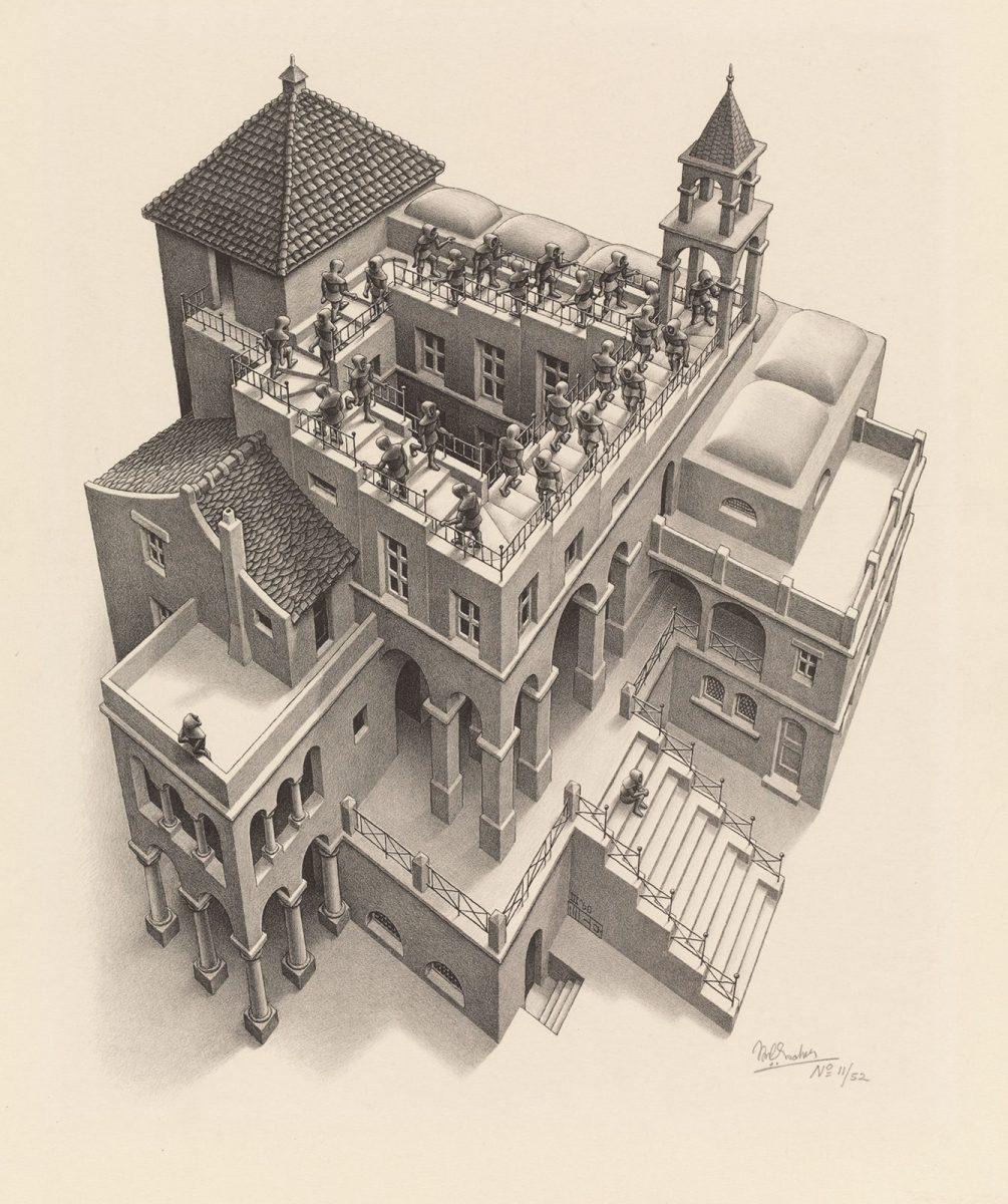 M.C. Escher, Klimmen en dalen, litho, maart 1960
