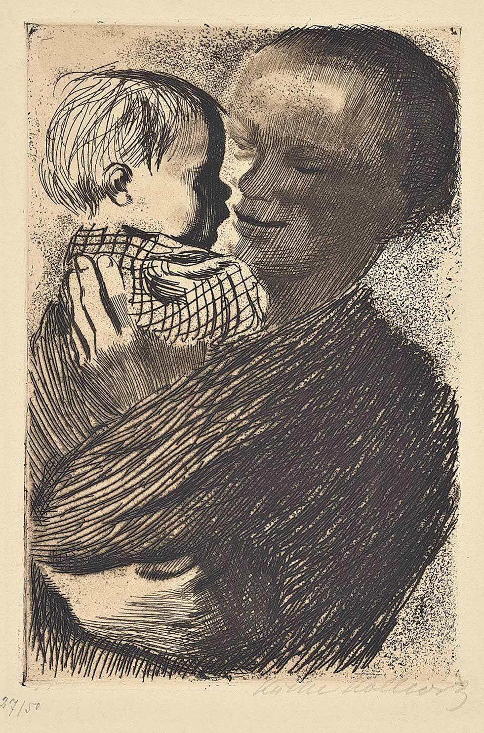 Käthe Kollwitz, Mutter mit Kind auf dem Arm, ets en droge naald, 1910. Destijds te zien bij De Bois.