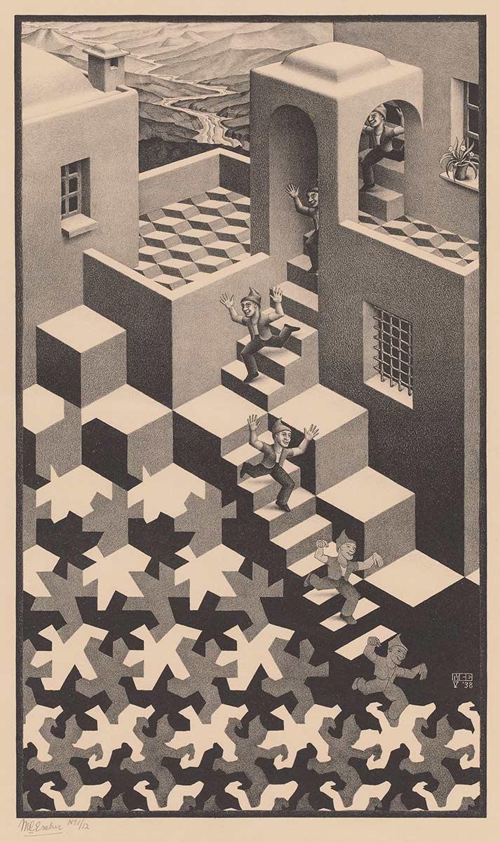 <p>M.C. Escher, Kringloop, litho, mei 1938</p>